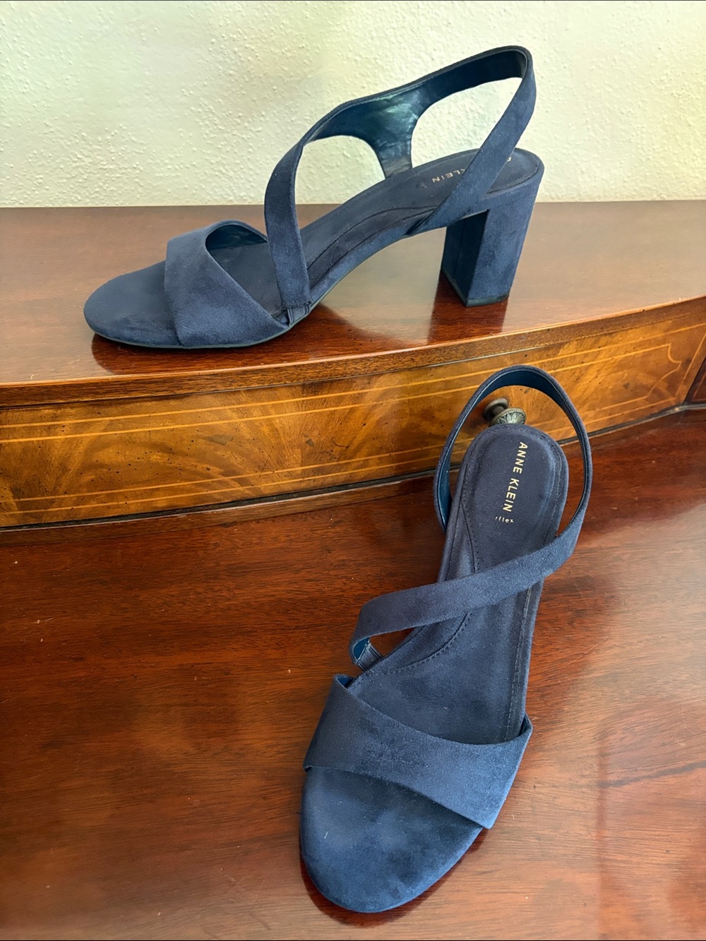 Anne Klein Navy Suede Crisscross Block Heel Sandals